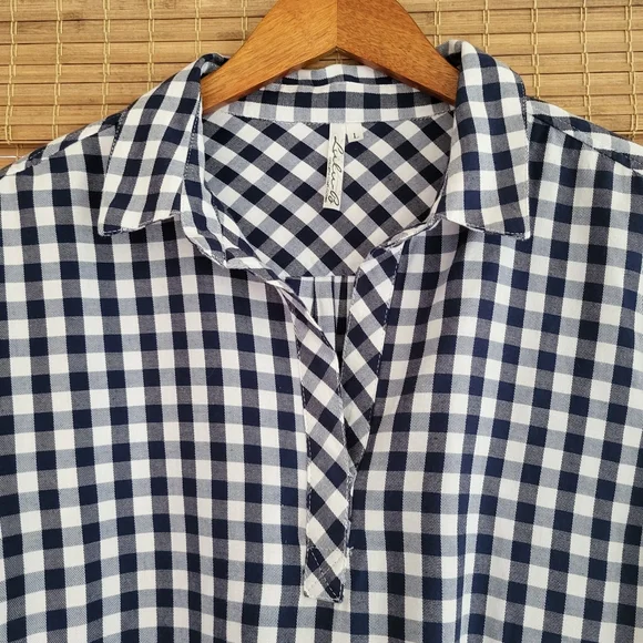 Lulu-B Long Sleeve Gingham Pullover Collared Blouse, Navy Blue and White Size L - Picture 4 of 12